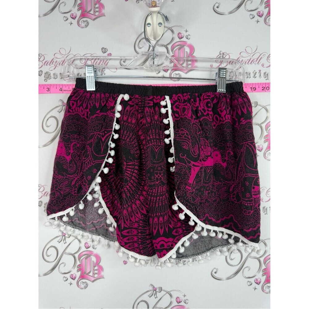 Thailand shorts elephant Boho Pom-Trim Wrap Women’s Shorts in Magenta and Black